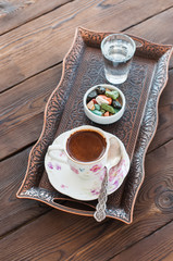 Traditional turkish coffee and turkish delight on vintage tray o