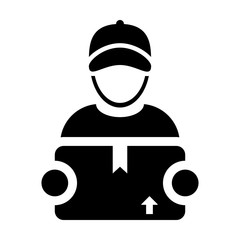 Worker icon vector male logistics service person profile avatar with cargo package box for freight and courier in Glyph Pictogram Symbol illustration