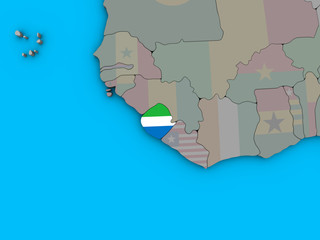 Sierra Leone with embedded national flag on blue political 3D globe.