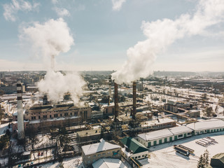 aerial view of smog pollution from city factory