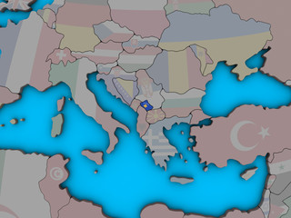 Kosovo with embedded national flag on blue political 3D globe.