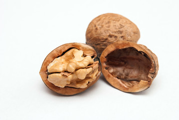 Walnuts close up on a white background