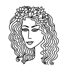 Cute girl with floral wreath. Vector illustration. Boho style. Adult coloring book.