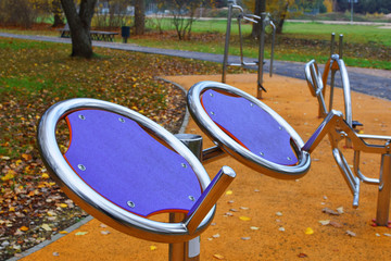 Empty metal outdoor gym training machine for street workout standing outside in park in cold autumn morning.