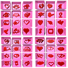 Hearts icons located in pink boxes placed next to each other