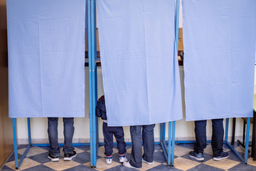 Persons voting in booths at a polling station