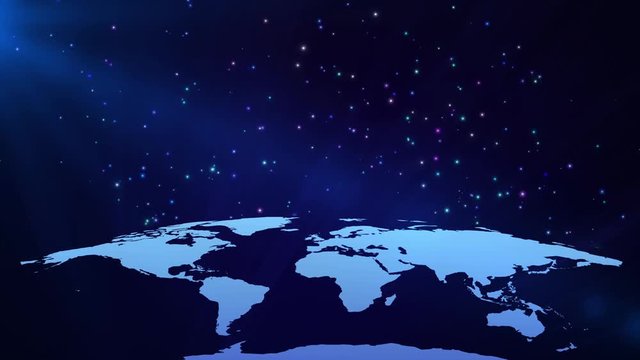 Glowing Cool World Shining under the Stars Looping Video Background.  Stylish flat world map concept.  Abstract Space Background.