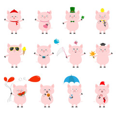 Pig set. Cute funny cartoon character. All seasons. Happy Valentines Christmas St Patrick day Easter Egg Bird Chicken Umbrella, rain. Santa hat, sun Flat design White background. Isolated.
