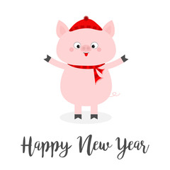 Happy New Year. Pig wearing red hat, scarf. Chinise symbol of 2019. Snowflake on tongue. Cute cartoon funny character. Flat design. White background Isolated.