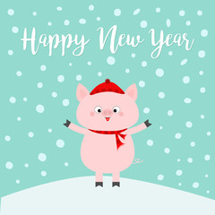 Happy New Year 2019. Pig on snowdrift. Falling snowflakes. Chinese zodiac calendar symbol. Red hat and scarf. Hello winter. Cute cartoon funny character. Flat design. Blue background.
