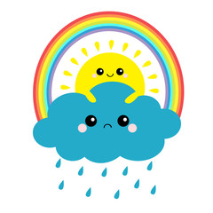 Sun holding cloud, rainbow set. Rain drop weather. Smiling and sad face. Friends forever. Fluffy clouds. Cute cartoon cloudscape. Cloudy weather sign symbols. Flat design White background. Isolated.
