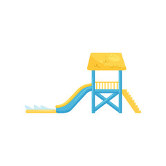 Water slide with staircase and pool. Fun attraction for kids. Flat vecrtor element for promo poster of aqua park
