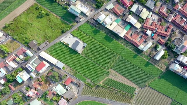 Fields with various types of agriculture and villages beside with air pollution in winter, Tainan, Taiwan, aerial view