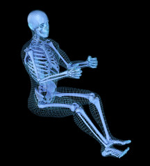 Man driving a virtual car, 3D mesh other skeleton model. 3D illustration concept