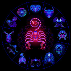 Neon horoscope circle with signs of zodiac. Set astrology signs. Scorpio.