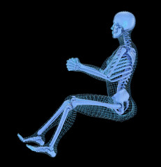 Man driving a virtual car, 3D mesh other skeleton model. 3D illustration concept