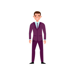 Smiling man in classic purple suit standing isolated on white background. Young guy in formal clothes. Flat vector design