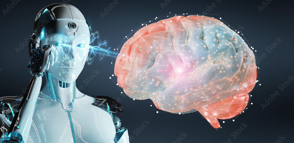 Poster white man humanoid creating artificial intelligence 3d rendering