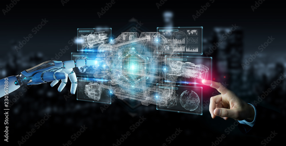 Aufkleber cyborg using wireframe holographic 3d digital projection of an engine
