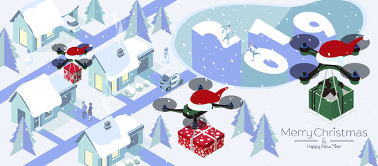 Purchase and send a Christmas gift . Delivering by drones to home. Gifts in bright boxes. Christmas sale. Winter houses in town or village. New Year 2019. isometric 3d