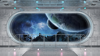 White tech spaceship round window interior background 3D rendering © sdecoret