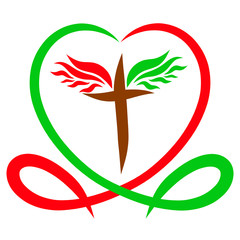 The heart is the color of life and blood, and the winged cross, salvation