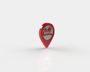 LOCATION pin glossy red arrow. The concept of tagging a sign landmark needle tip to create a route search. Isolated on white background 3D rendering 3D.