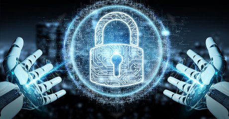 White cyborg hand protecting his datas with digital security hologram 3D rendering