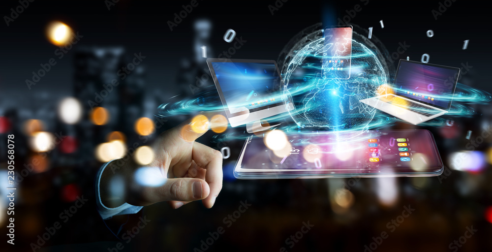 Poster modern devices connected in businessman hand 3d rendering