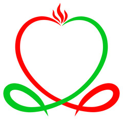Heart of green and red lines, symbolic fish and flame