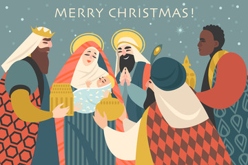 Christmas card in retro style with three kings bringing gifts to Jesus