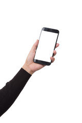 Fototapeta na wymiar Hand gesture hold and using phone isolated on white background