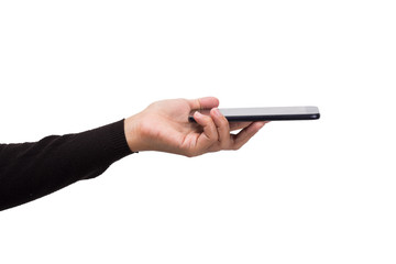 Hand gesture hold and using phone isolated on white background