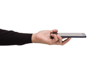 Hand gesture hold and using phone isolated on white background