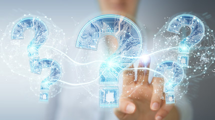 Businesswoman solving problem with digital question marks 3D rendering