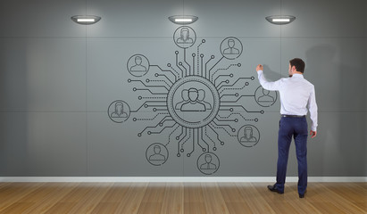 Businessman drawing thin line social network icons interface