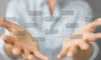 Businesswoman protecting her datas with thin line security interface