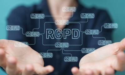 Businesswoman protecting her datas with GDPR law interface