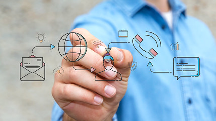 Businessman drawing thin line social network icons interface