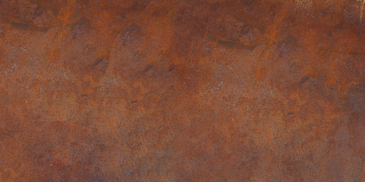 Panorama of rusty metal wall, old sheet of iron covered with rust and corrosion paint. Oxidized iron panel. Texture or background.