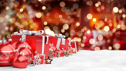 Red christmas baubles and gifts background 3D rendering
