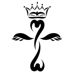 Winged christian cross with hearts and crown