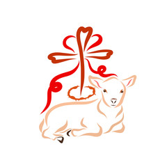 Immaculate lamb next to the cross, crown of thorns and red heart