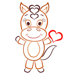 Cheerful cute little horse with a heart in his hand