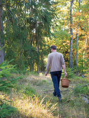 beck of young man in deciduous forest is hunting for a mushrooms holding whicker basket creel, mushroom picking concept