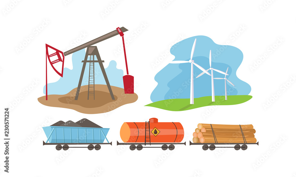 Poster alternative and fossil energy sources set, extraction and processing of natural resources vector ill