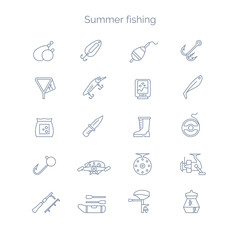 Fototapeta premium Set of linear icons for summer fishing. Illustration of tools and objects.