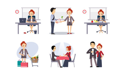 Daily routine, business woman in various activities, working and relaxing vector Illustration on a white background.