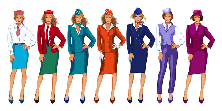 Vector Illustration Of Air Hostess In Uniform And Formal Hat. Stewardess On A White Background.