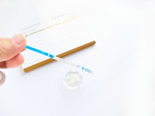 Hand holding Ovulation test strip with calendar on white background.
